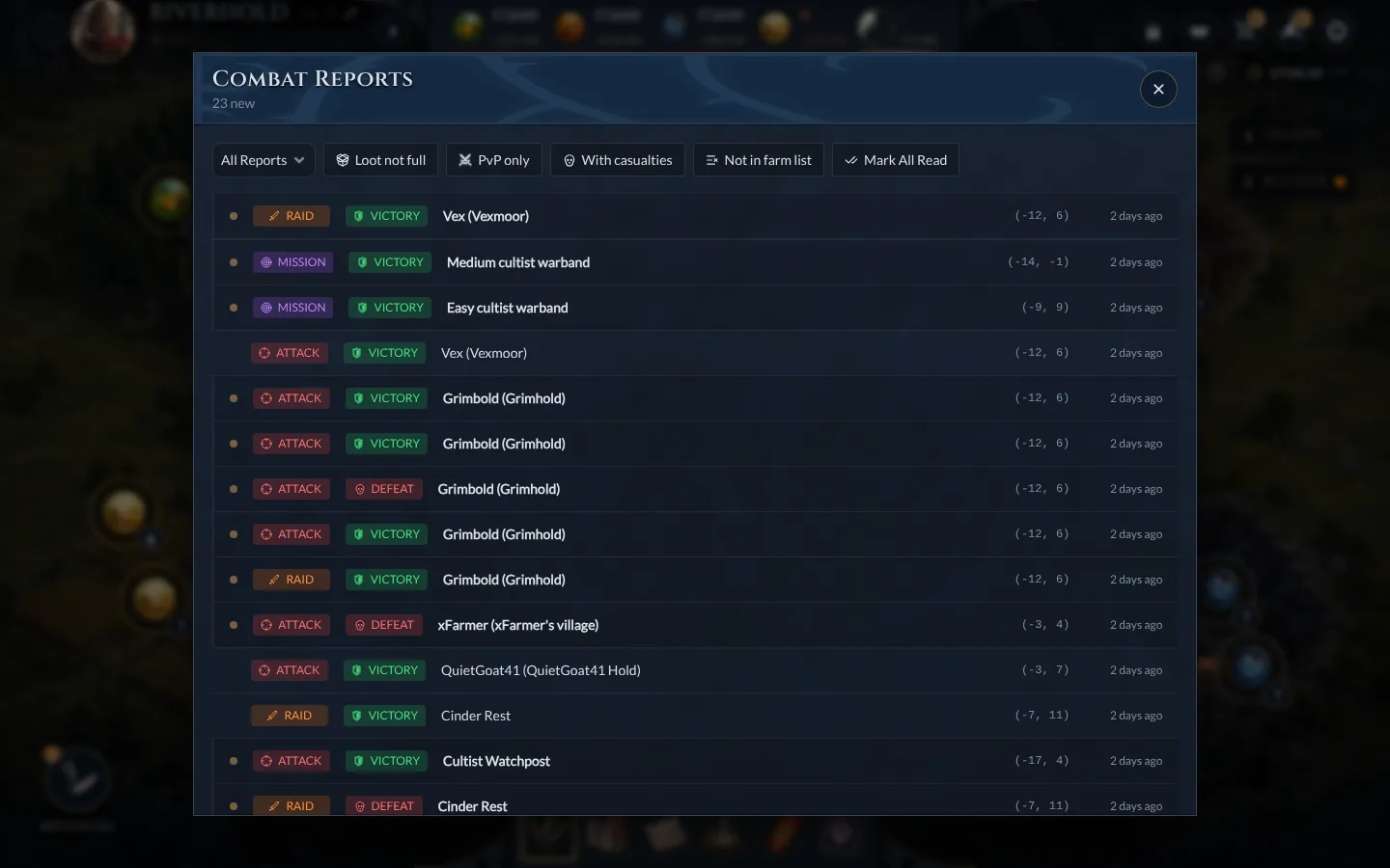 The combat reports panel listing raids, attacks and missions with their results