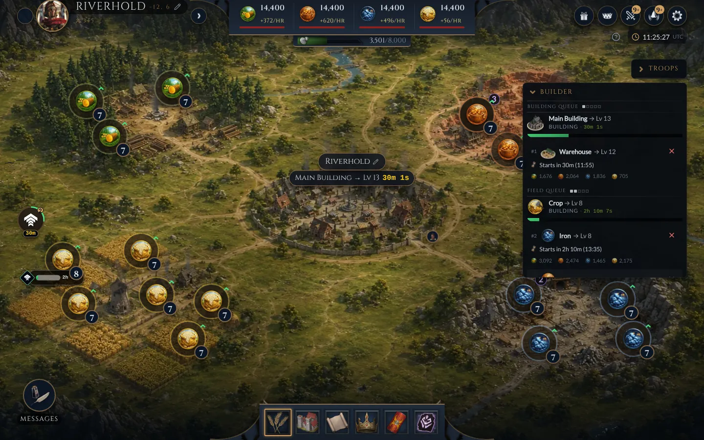 The resource fields around the village with the builder panel
