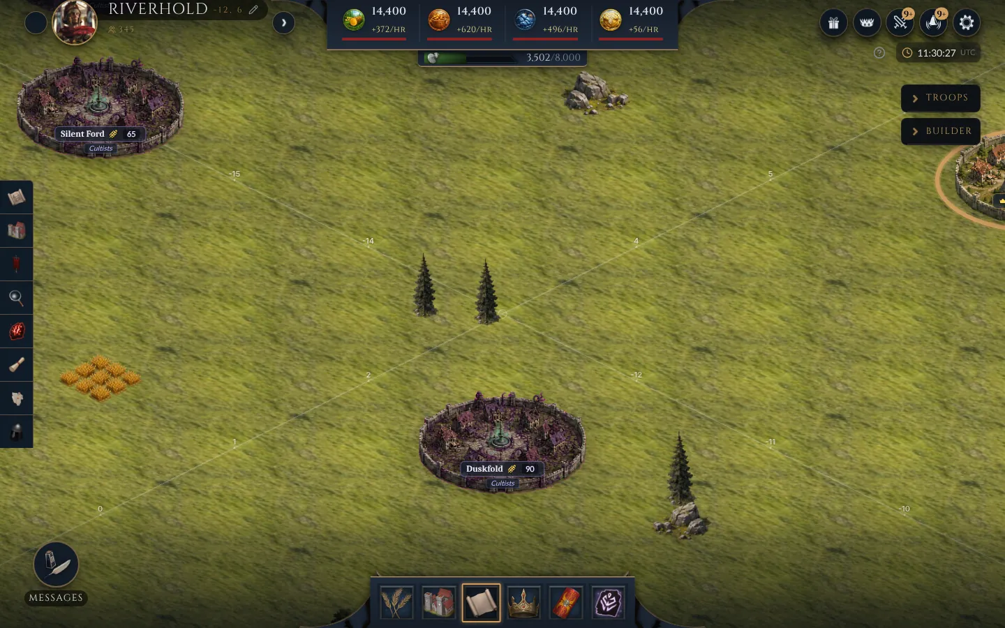 The world map with cultist villages near the player's village