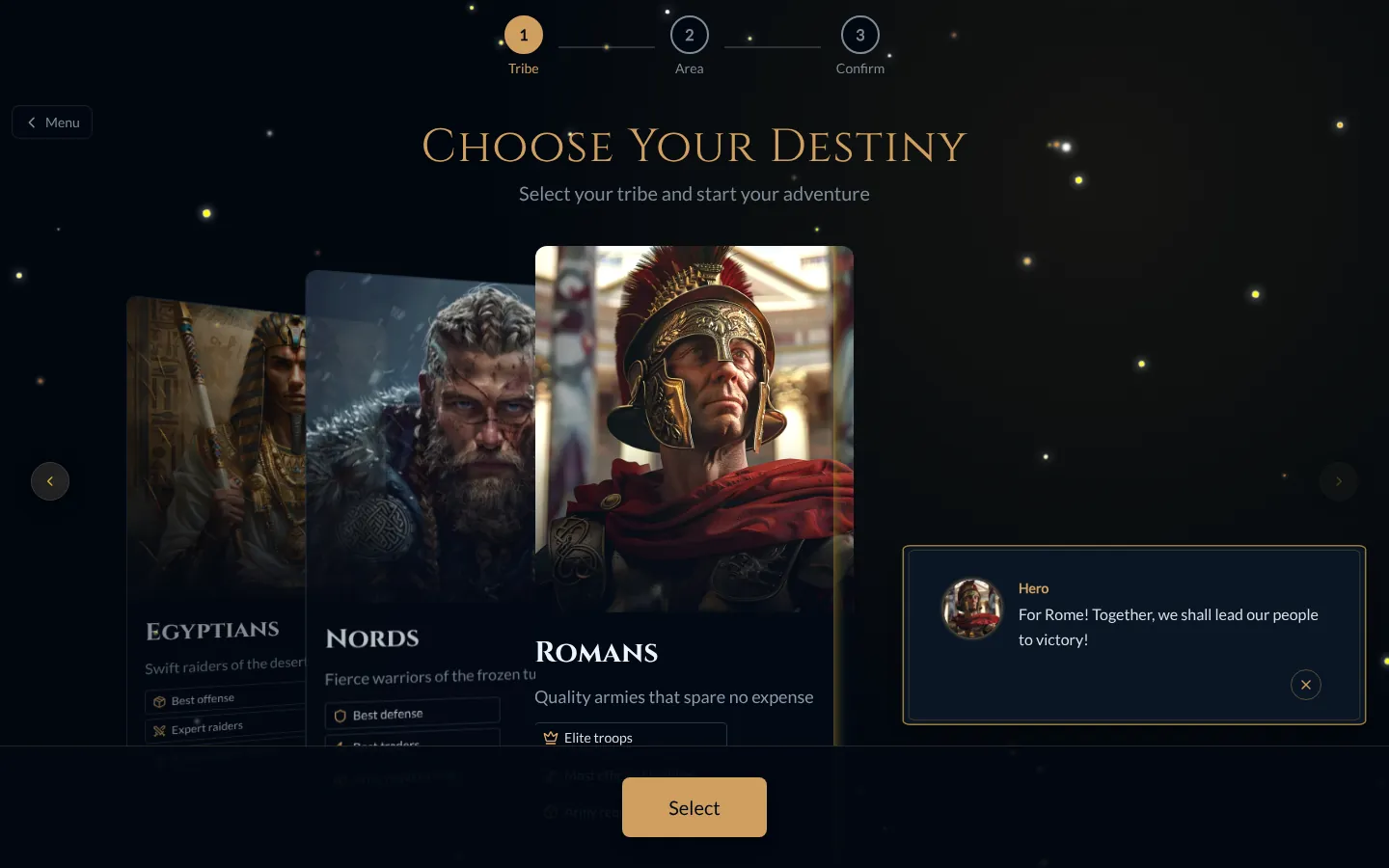 The tribe selection screen with the Roman, Nord and Egyptian cards